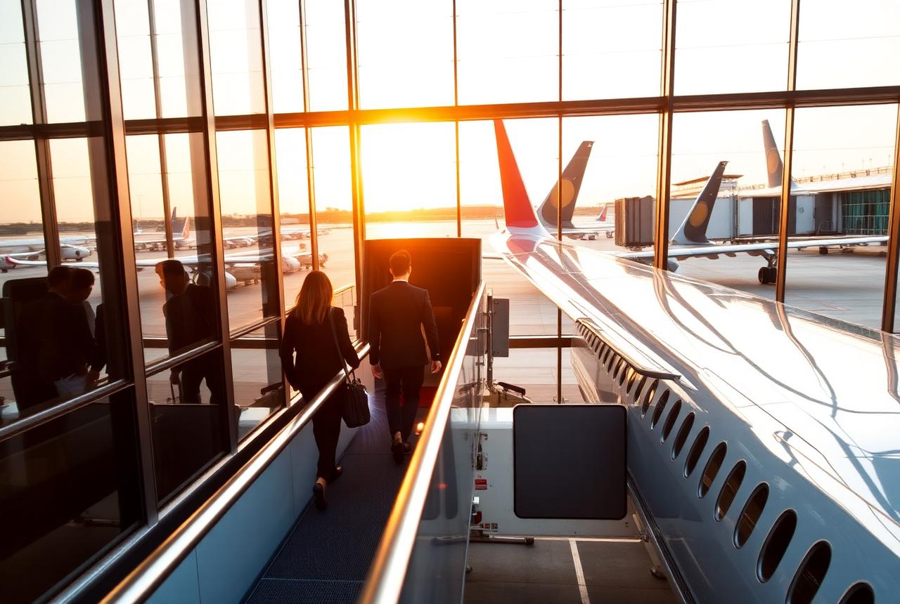 Business travellers boarding a flight
